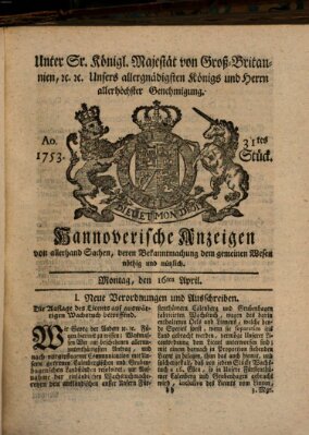 Hannoversche Anzeigen Montag 16. April 1753