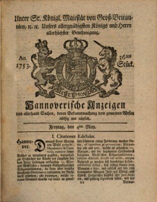 Hannoversche Anzeigen Freitag 4. Mai 1753