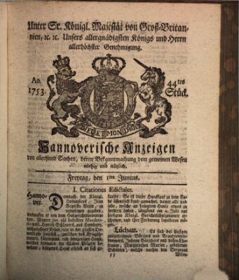 Hannoversche Anzeigen Freitag 1. Juni 1753