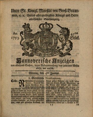 Hannoversche Anzeigen Montag 4. Juni 1753