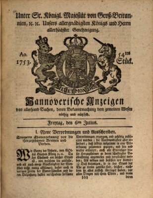 Hannoversche Anzeigen Freitag 6. Juli 1753