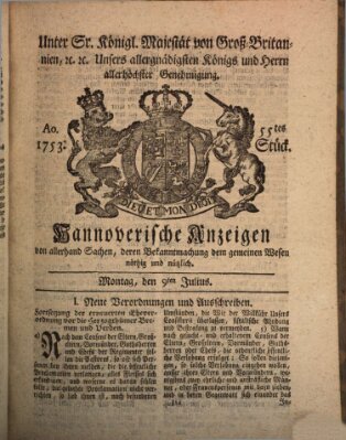 Hannoversche Anzeigen Montag 9. Juli 1753