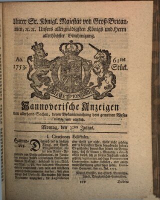 Hannoversche Anzeigen Montag 30. Juli 1753