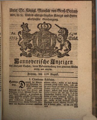 Hannoversche Anzeigen Freitag 10. August 1753