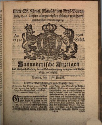 Hannoversche Anzeigen Freitag 31. August 1753