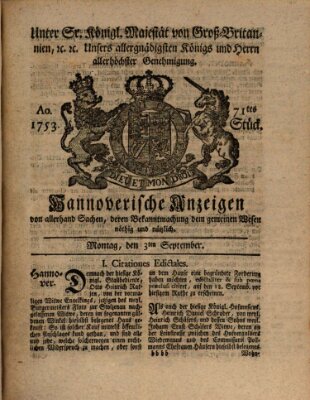 Hannoversche Anzeigen Montag 3. September 1753