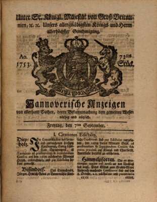 Hannoversche Anzeigen Freitag 7. September 1753