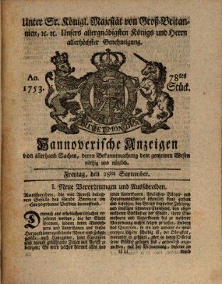 Hannoversche Anzeigen Freitag 28. September 1753