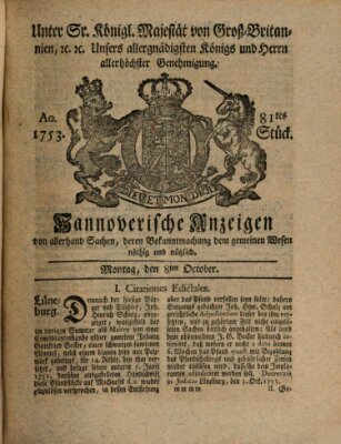 Hannoversche Anzeigen Montag 8. Oktober 1753