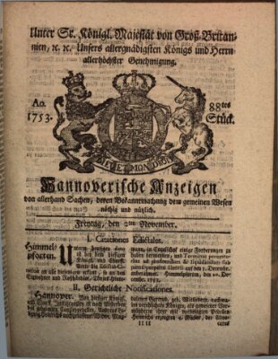 Hannoversche Anzeigen Freitag 2. November 1753