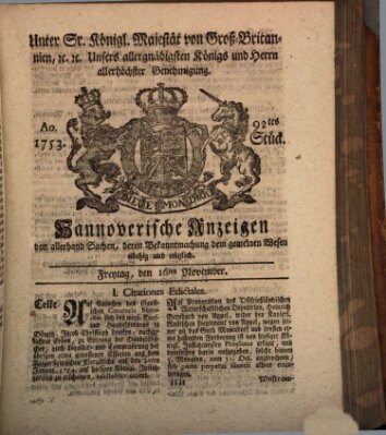 Hannoversche Anzeigen Freitag 16. November 1753