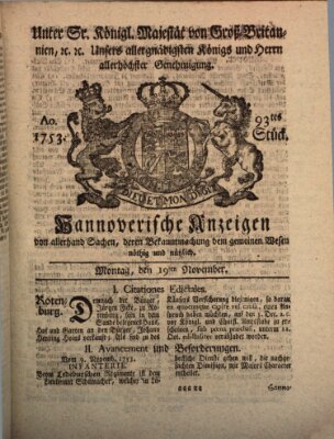 Hannoversche Anzeigen Montag 19. November 1753