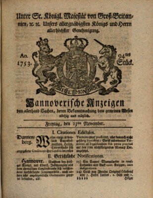 Hannoversche Anzeigen Freitag 23. November 1753