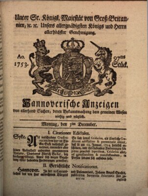 Hannoversche Anzeigen Montag 3. Dezember 1753