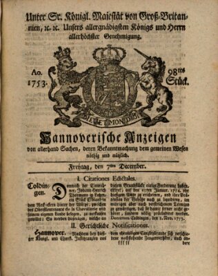 Hannoversche Anzeigen Freitag 7. Dezember 1753