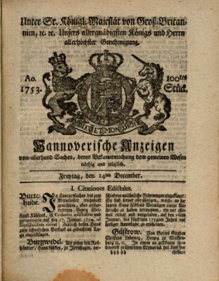 Hannoversche Anzeigen Freitag 14. Dezember 1753