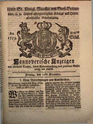 Hannoversche Anzeigen Freitag 21. Dezember 1753