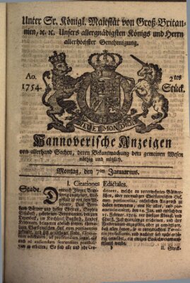 Hannoversche Anzeigen Montag 7. Januar 1754