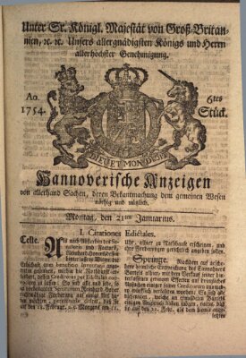 Hannoversche Anzeigen Montag 21. Januar 1754