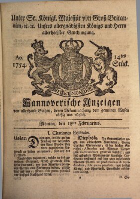 Hannoversche Anzeigen Montag 18. Februar 1754