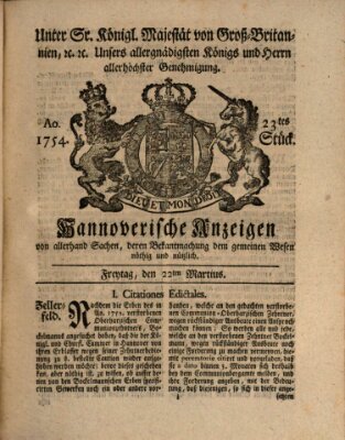 Hannoversche Anzeigen Freitag 22. März 1754