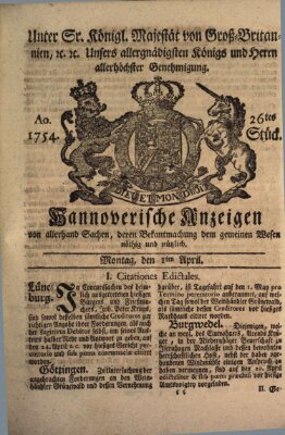 Hannoversche Anzeigen Montag 1. April 1754