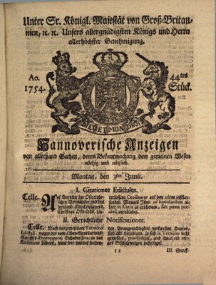 Hannoversche Anzeigen Montag 3. Juni 1754