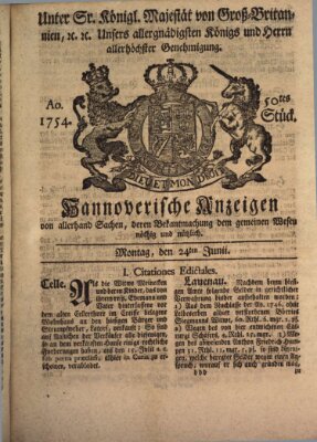 Hannoversche Anzeigen Montag 24. Juni 1754