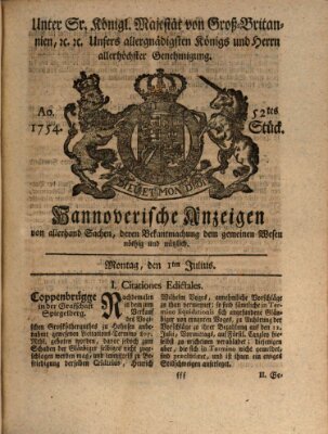 Hannoversche Anzeigen Montag 1. Juli 1754