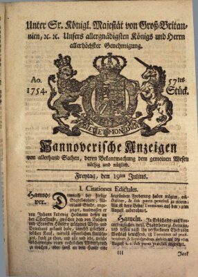 Hannoversche Anzeigen Freitag 19. Juli 1754