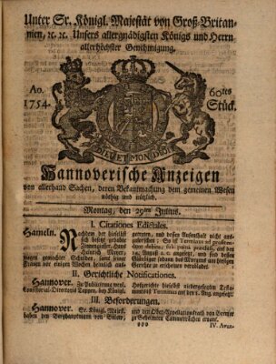 Hannoversche Anzeigen Montag 29. Juli 1754