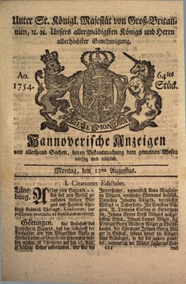 Hannoversche Anzeigen Montag 12. August 1754