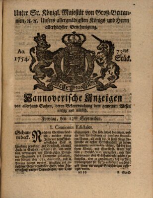 Hannoversche Anzeigen Freitag 13. September 1754