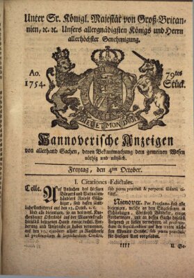 Hannoversche Anzeigen Freitag 4. Oktober 1754