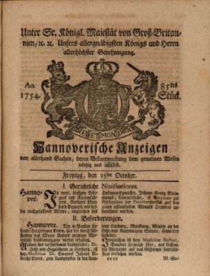 Hannoversche Anzeigen Freitag 25. Oktober 1754