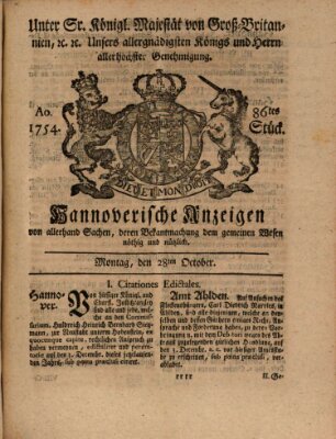 Hannoversche Anzeigen Montag 28. Oktober 1754