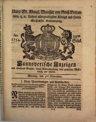 Hannoversche Anzeigen Montag 4. November 1754