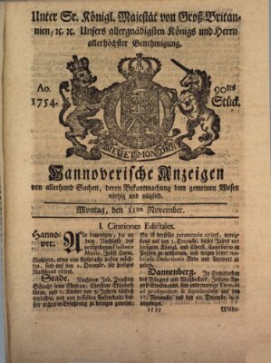 Hannoversche Anzeigen Montag 11. November 1754