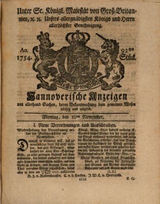 Hannoversche Anzeigen Montag 18. November 1754