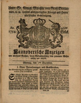 Hannoversche Anzeigen Montag 2. Dezember 1754