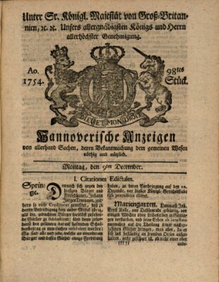 Hannoversche Anzeigen Montag 9. Dezember 1754