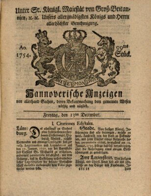 Hannoversche Anzeigen Freitag 13. Dezember 1754