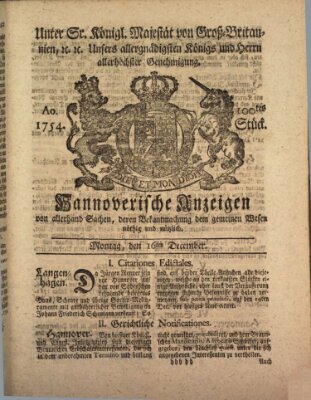 Hannoversche Anzeigen Montag 16. Dezember 1754