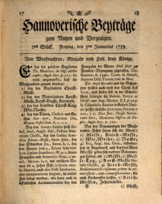 Hannoverische Beyträge zum Nutzen und Vergnügen (Hannoversche Anzeigen) Freitag 5. Januar 1759