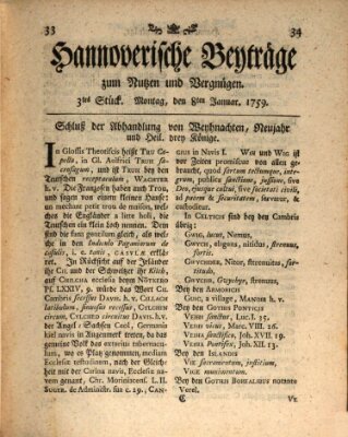 Hannoverische Beyträge zum Nutzen und Vergnügen (Hannoversche Anzeigen) Montag 8. Januar 1759