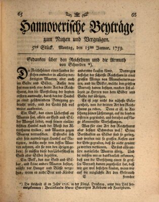 Hannoverische Beyträge zum Nutzen und Vergnügen (Hannoversche Anzeigen) Montag 15. Januar 1759