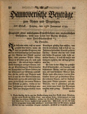 Hannoverische Beyträge zum Nutzen und Vergnügen (Hannoversche Anzeigen) Freitag 19. Januar 1759