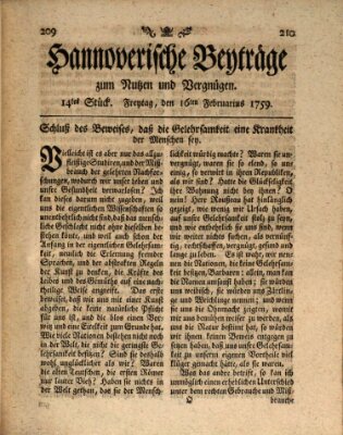 Hannoverische Beyträge zum Nutzen und Vergnügen (Hannoversche Anzeigen) Freitag 16. Februar 1759