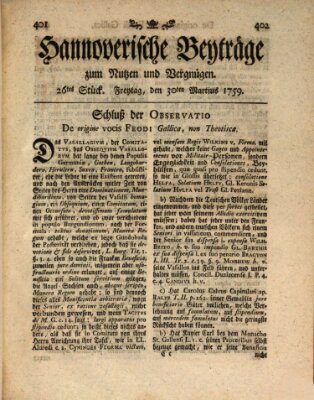 Hannoverische Beyträge zum Nutzen und Vergnügen (Hannoversche Anzeigen) Freitag 30. März 1759