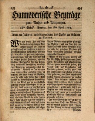 Hannoverische Beyträge zum Nutzen und Vergnügen (Hannoversche Anzeigen) Freitag 6. April 1759